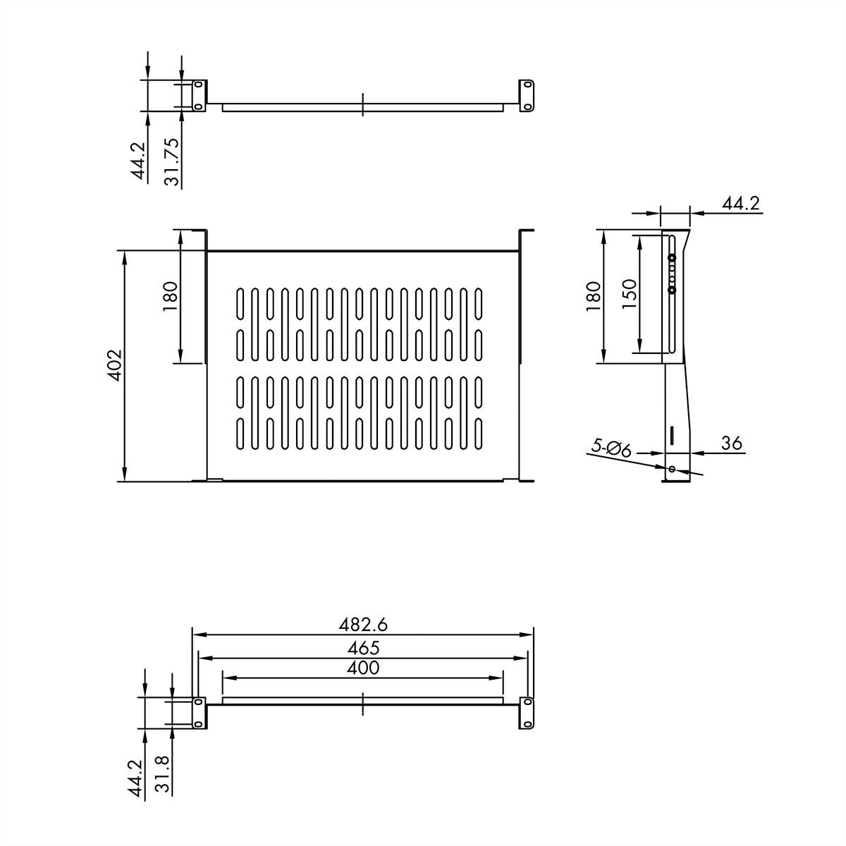 Technische tekening van een rooster met afmetingen: breedte 482,6 mm, hoogte 180 mm. Toont vooraanzicht en zijaanzicht met gedetailleerde afmetingen.