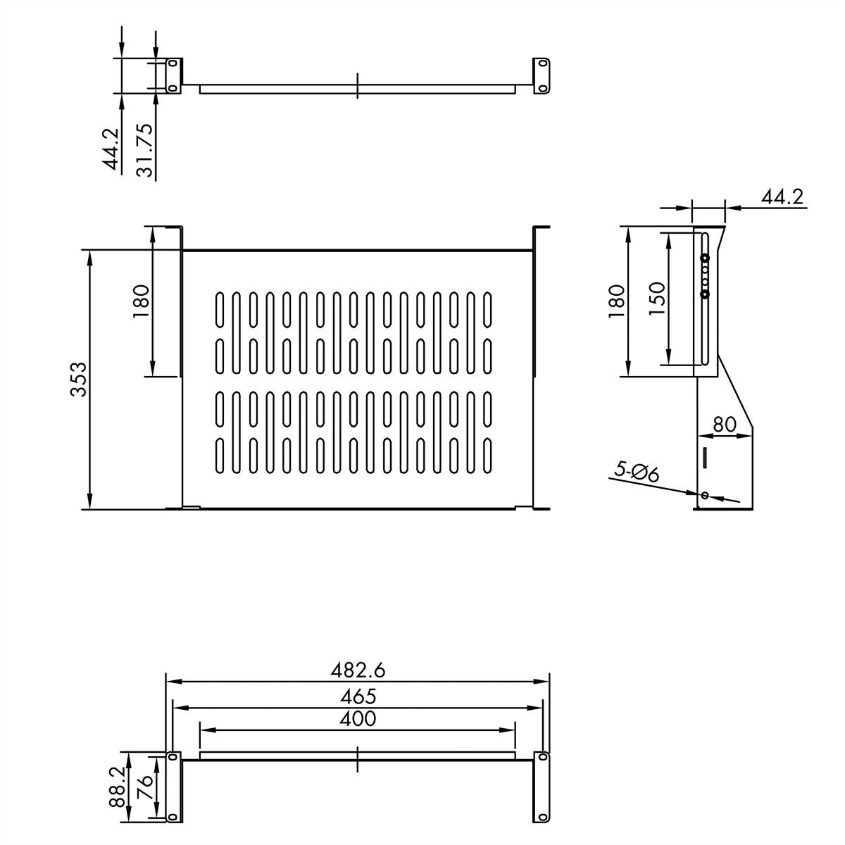 Technische tekening van een metalen rooster met afmetingen: hoogte 353 mm, breedte 482,6 mm, diepte 188,2 mm. Zij- en bovenaanzicht inbegrepen.