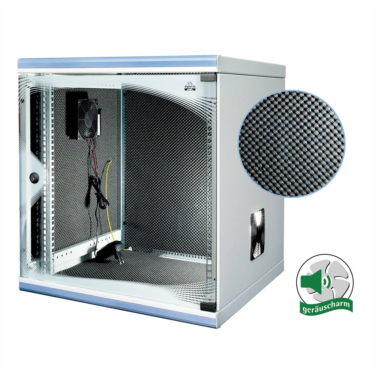 Computerbehuizing met geluiddempende eigenschappen en ventilator, geschikt voor het verminderen van geluid in serverruimtes. Symbool voor laag geluidsniveau rechtsonder.