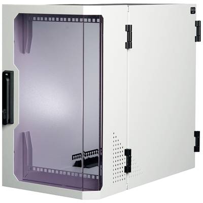 Een witte serverrack met een heldere glazen deur, ventilatieopeningen en zwarte scharnieren, geschikt voor netwerkapparatuur.