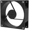 Een zwarte computerventilator met vier schroeven op de hoeken en een centraal rotorblad.