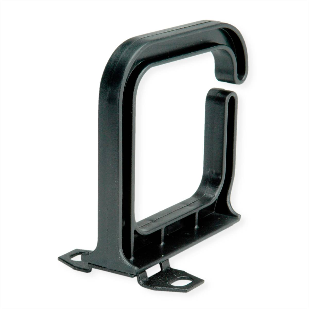 Een zwarte kunststof haak met rechthoekige vorm en twee bevestigingsgaten aan de basis, geschikt voor het ophangen of bevestigen.