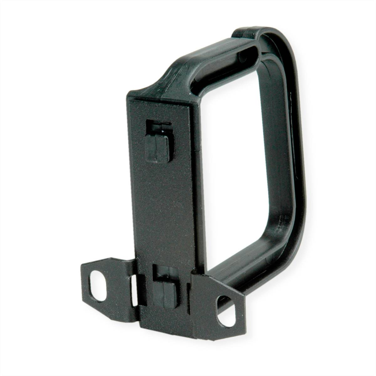 Zwarte verticale houder van kunststof met rechthoekig frame en twee bevestigingsplaten aan de zijkanten.