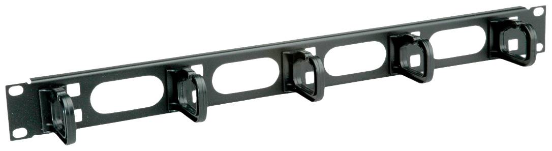 Een zwart kabelbeheerpaneel met vijf kabelhouders voor een nette rangschikking van kabels in een serverrek.