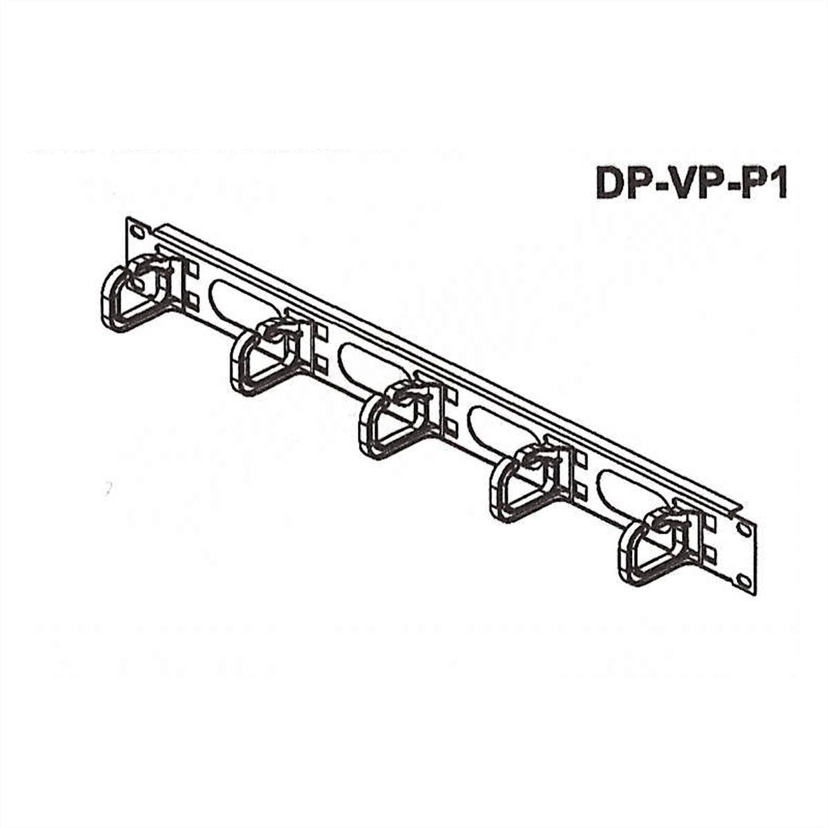 Tekening van een kabelbeheerpaneel met vier bevestigingshaken, rechts staat 'DP-VP-P1' weergegeven.