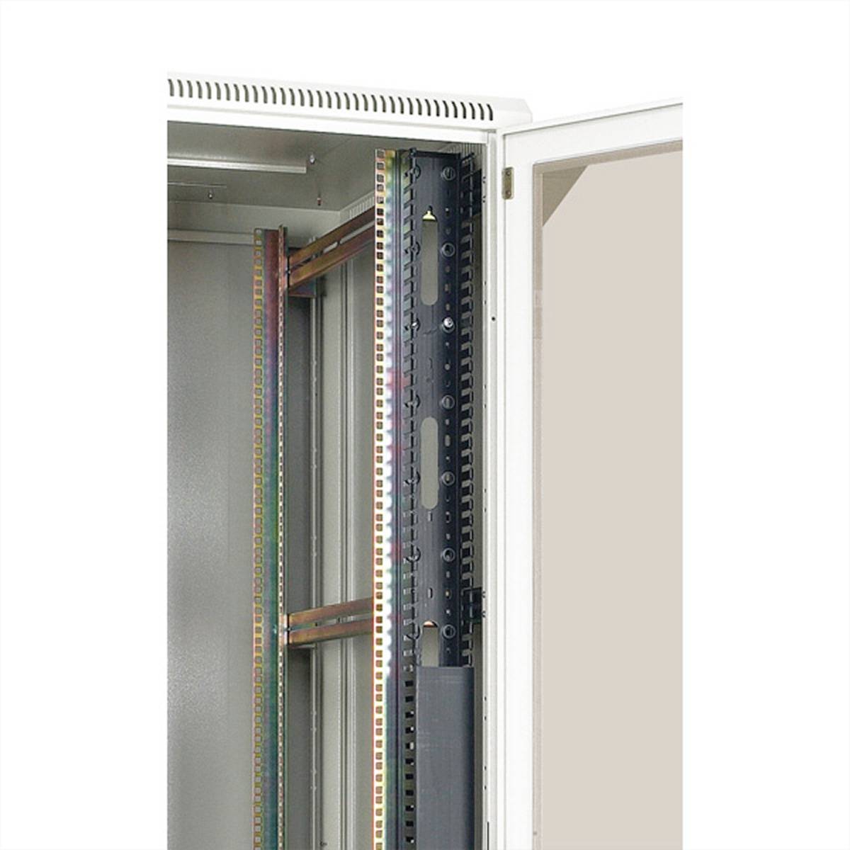 Een open serverrek toont de interne rekken en bekabeling. De rechter deur staat open en geeft zicht op de structuur.
