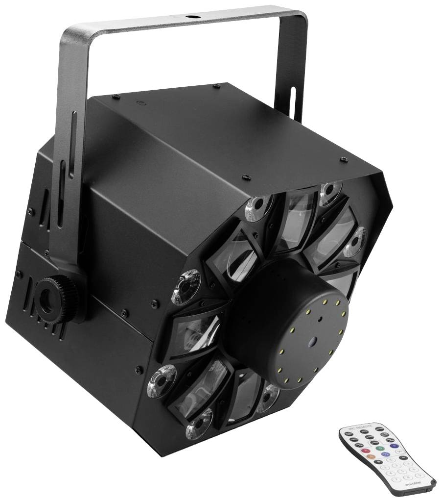 'Zwart LED-lichteffectapparaat met gehoekt behuizing, meerdere lenzen en afstandsbediening.'