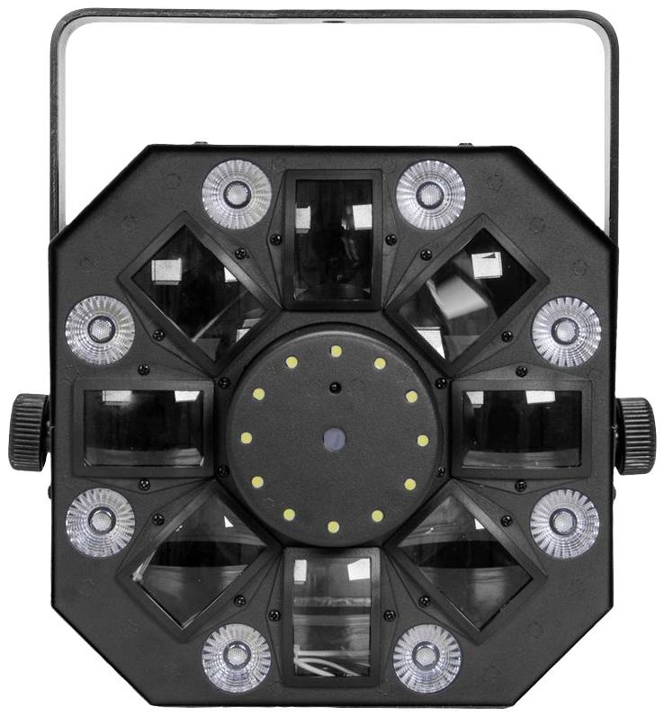 Een zwarte feestlichtprojector met meerdere lenzen gerangschikt in een cirkelvormig patroon, geschikt voor lichteffecten.