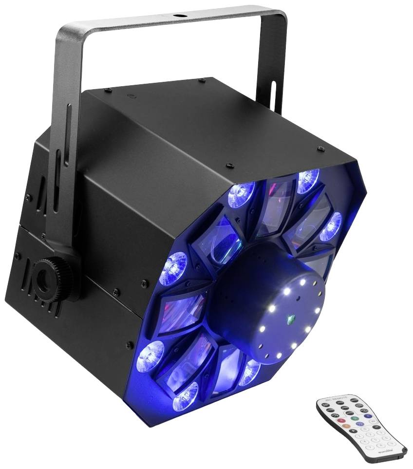 Een zwart LED-feestlicht met meerdere lenzen projecteert gekleurde lichtstralen. Een afstandsbediening ligt ernaast.