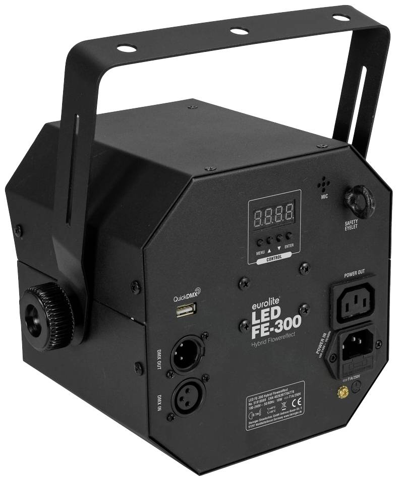 Zwarte Eurolite LED FE-300 lichteffectprojector met aansluitingen en bedieningselementen aan de achterzijde, zonder specifieke actie.