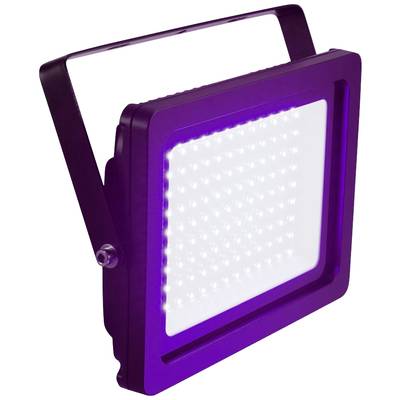 Een vierkante LED-lamp met een paarse rand. De lamp heeft een beugel voor bevestiging en bevat vele kleine lichtpunten.