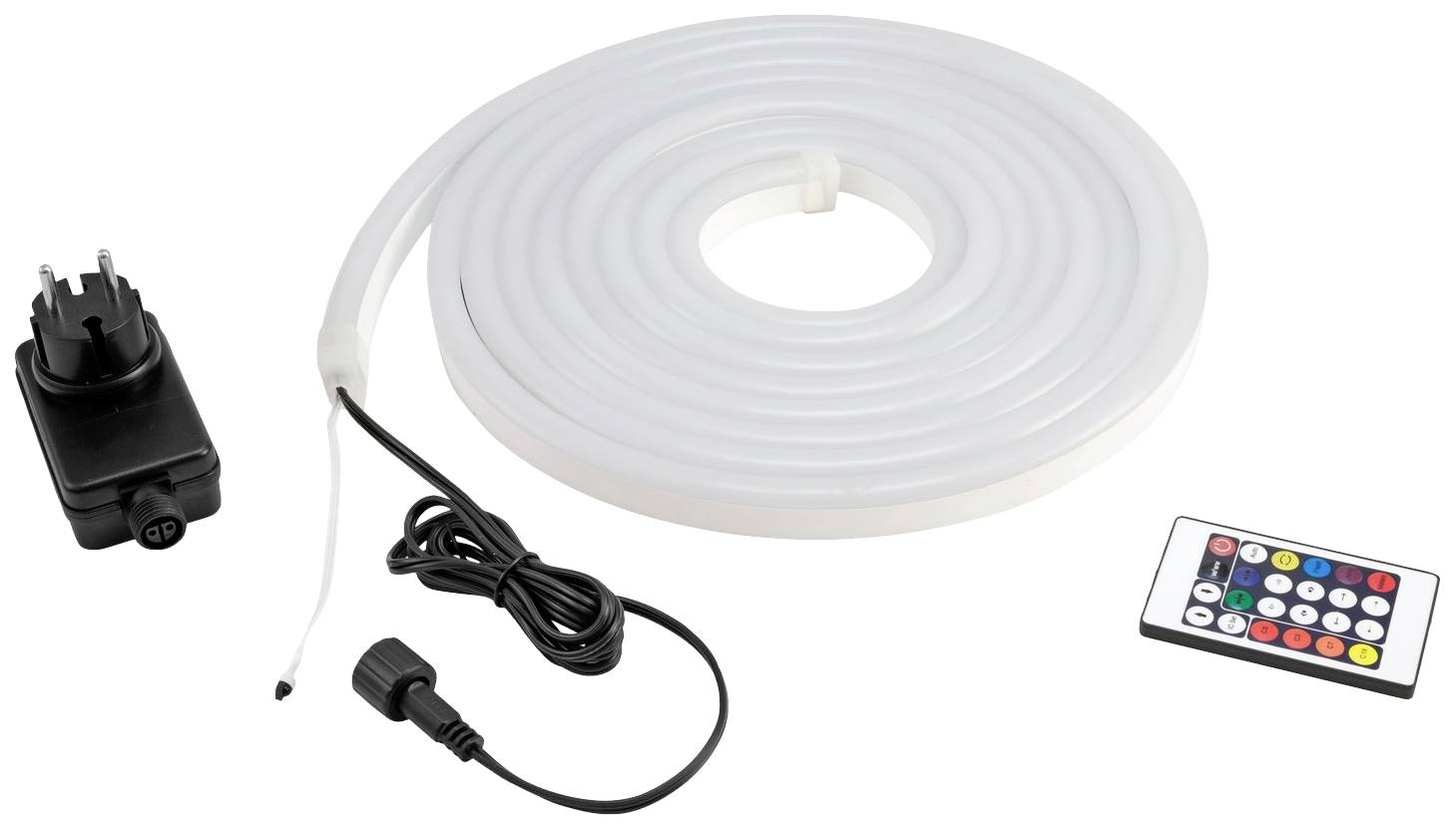 Een opgerolde LED-lichtslang met afstandsbediening en stroomkabel. Geschikt voor decoratieve verlichting.