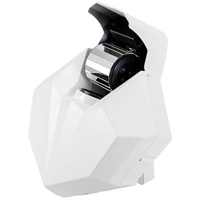 Wit, modern elektronisch apparaat met schuine oppervlakken en een glanzend, zichtbaar cilindrisch element aan de binnenkant.