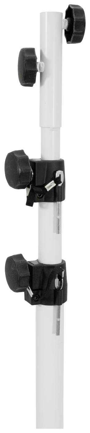 Een witte telescopische stok met drie verstelbare zwarte klemmen voor hoogteaanpassing, elk voorzien van een vergrendeling voor beveiliging.