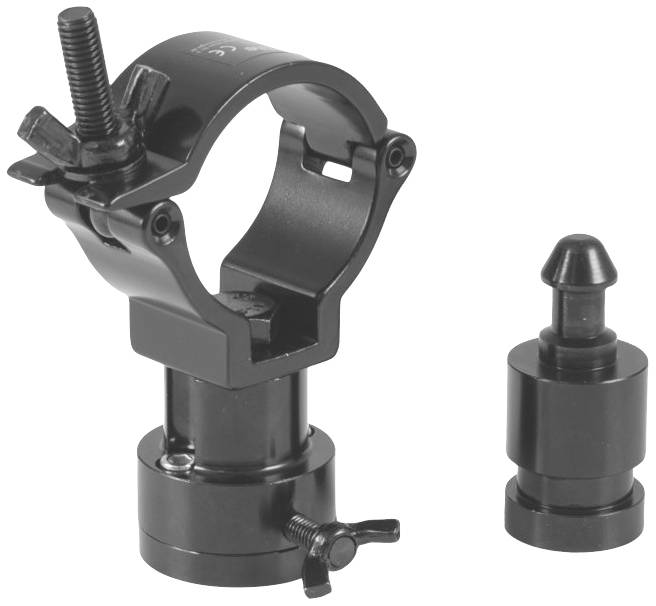 Metalen beugel voor bevestiging met vleugelschroef, naast een verwijderbare cilindrische adapter.