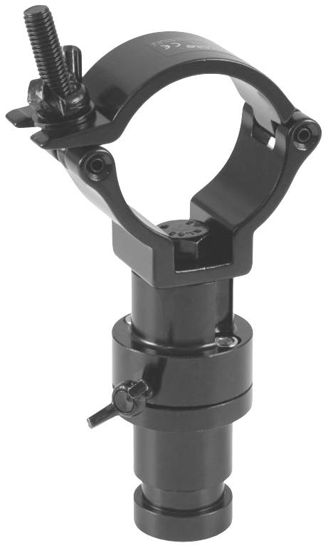 'Zwarte metalen beugel met verstelbare schroef, geschikt voor het bevestigen van cilindrische voorwerpen aan stangen.'