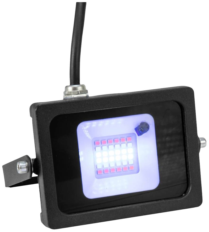 Een rechthoekige LED-schijnwerper met een zwarte behuizing die helder wit licht uitstraalt. Kabel bovenaan aangesloten, zijdelingse bevestiging.