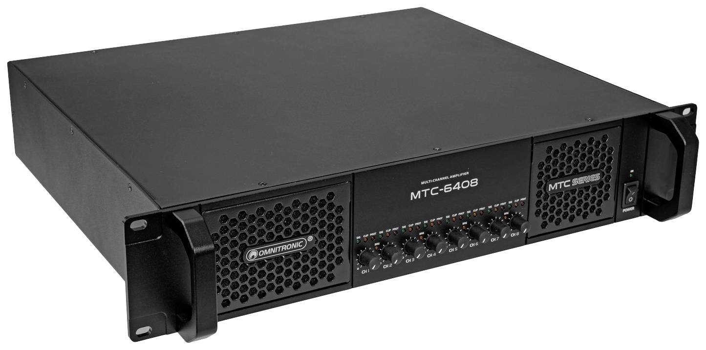 De afbeelding toont een zwart versterkertoestel met de aanduiding 'MTC-6408' op de voorkant en verschillende knoppen eronder.
