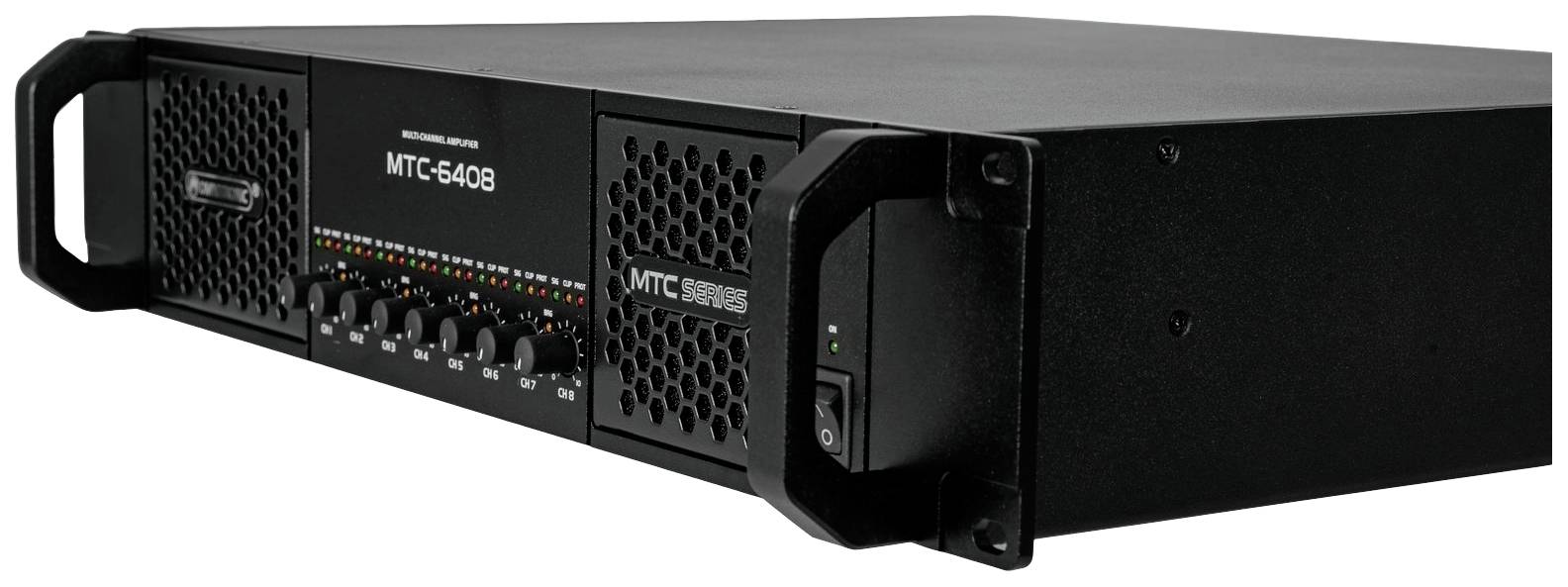 Een zwarte audioversterker met de aanduiding 'MTC-640B', met meerdere knoppen en een ventilatierooster is afgebeeld.