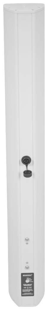 Een witte, lange, slanke metalen cilinder, waarschijnlijk een behuizing voor een elektronisch apparaat, met een draaiknop en een etiket onderaan.
