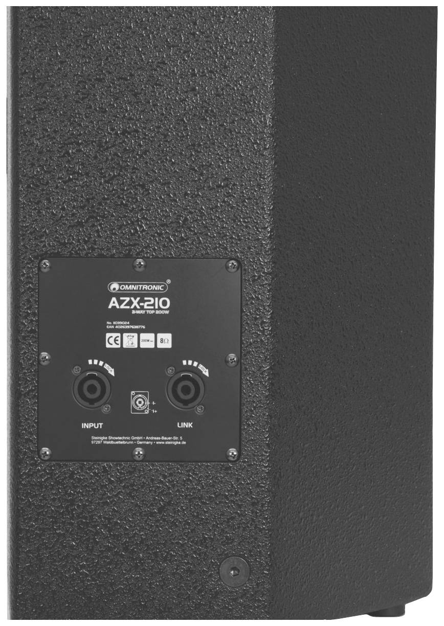 Een zwarte luidsprekersachterkant met aansluitingen en het opschrift 'Omnitronic AZX-210'.