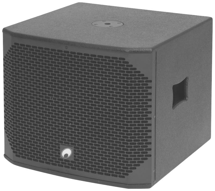 Een zwarte concertluidspreker met een rooster aan de voorkant en handgrepen aan de zijkant. Ideaal voor evenementen.