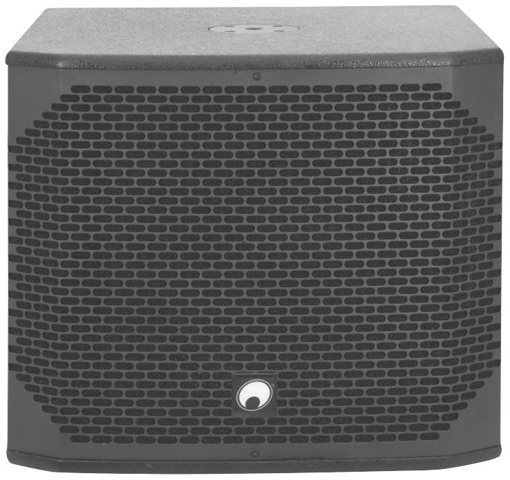 Een zwarte luidspreker met een rechthoekig ontwerp en een opvallend rooster aan de voorkant.