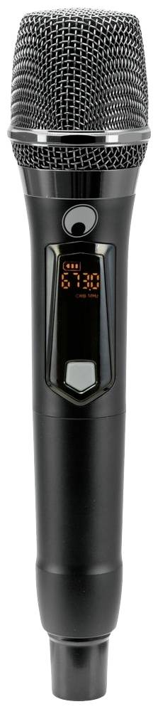 Zwart draadloos microfoon met digitaal display aan de voorkant. Het display toont frequentie-informatie.