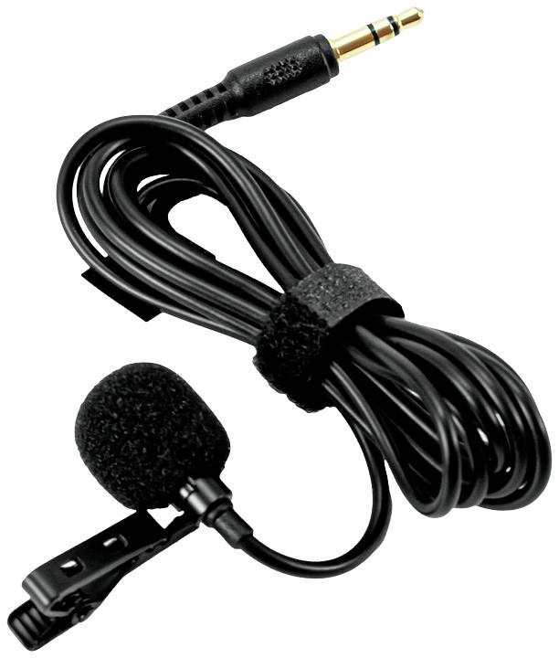 Zwarte dasspeld-microfoon met kabel en 3,5-mm jackplug, geschikt voor audio-opnames of presentaties.