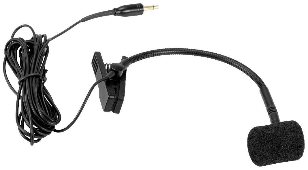Een zwarte dasspeld-microfoon met flexibele hals en kabel met 3,5-mm jackplug, geschikt voor spraakopnames.