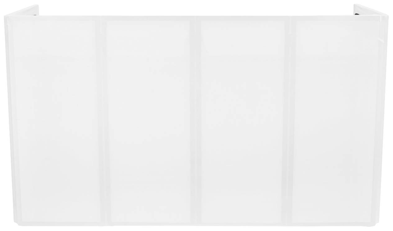 Een witte, rechthoekige ruimteverdeler met vier gelijkmatige verticale panelen, geschikt voor ruimtescheiding of decoratie.