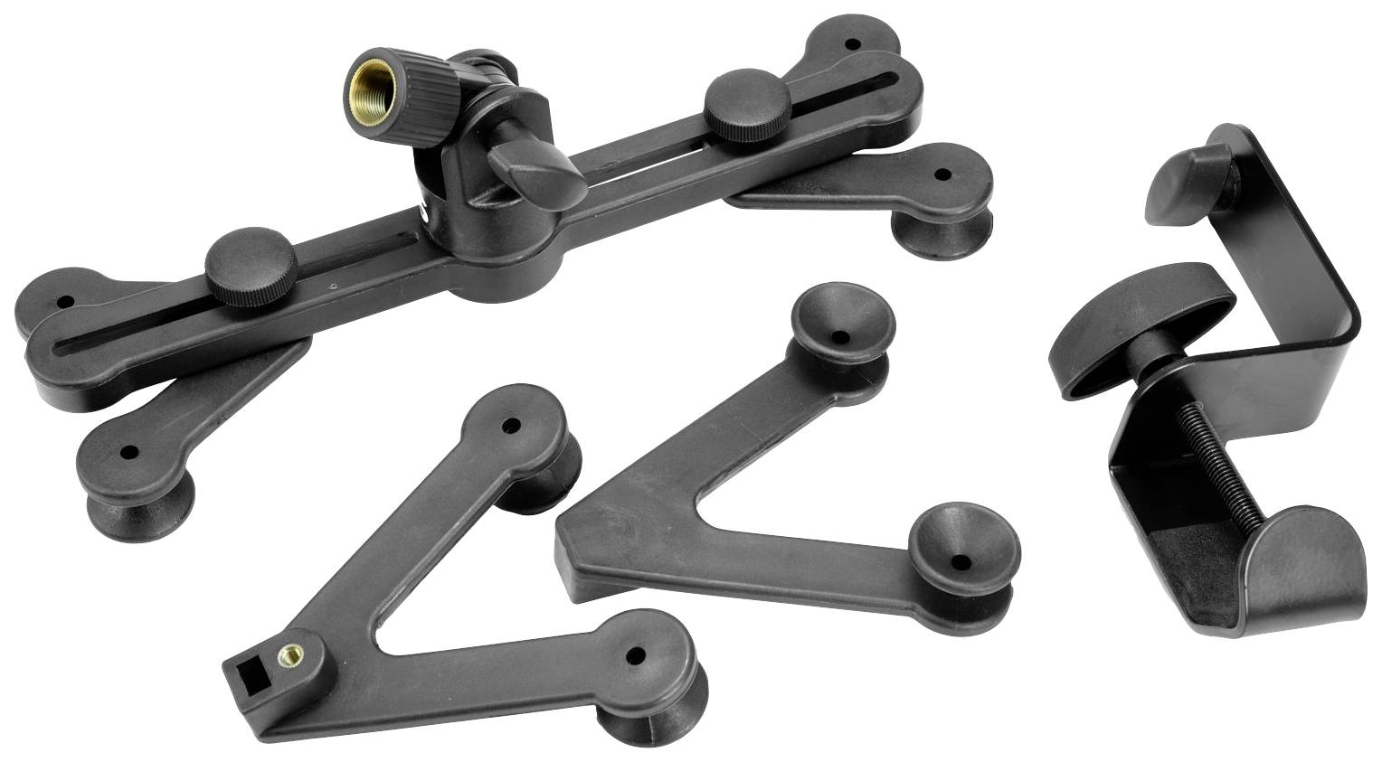 Een montagesets voor microfoonbeugels met verstelbare gewrichten en klemmen. Ideaal voor flexibele bevestigingsoplossingen.