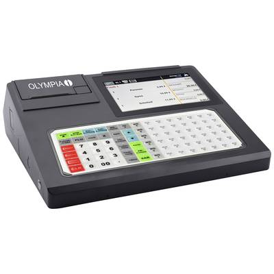 Elektronische kassa met toetsenbord en display, toont prijzen voor 'friet', 'gyros' en 'salade', naast functietoetsen.