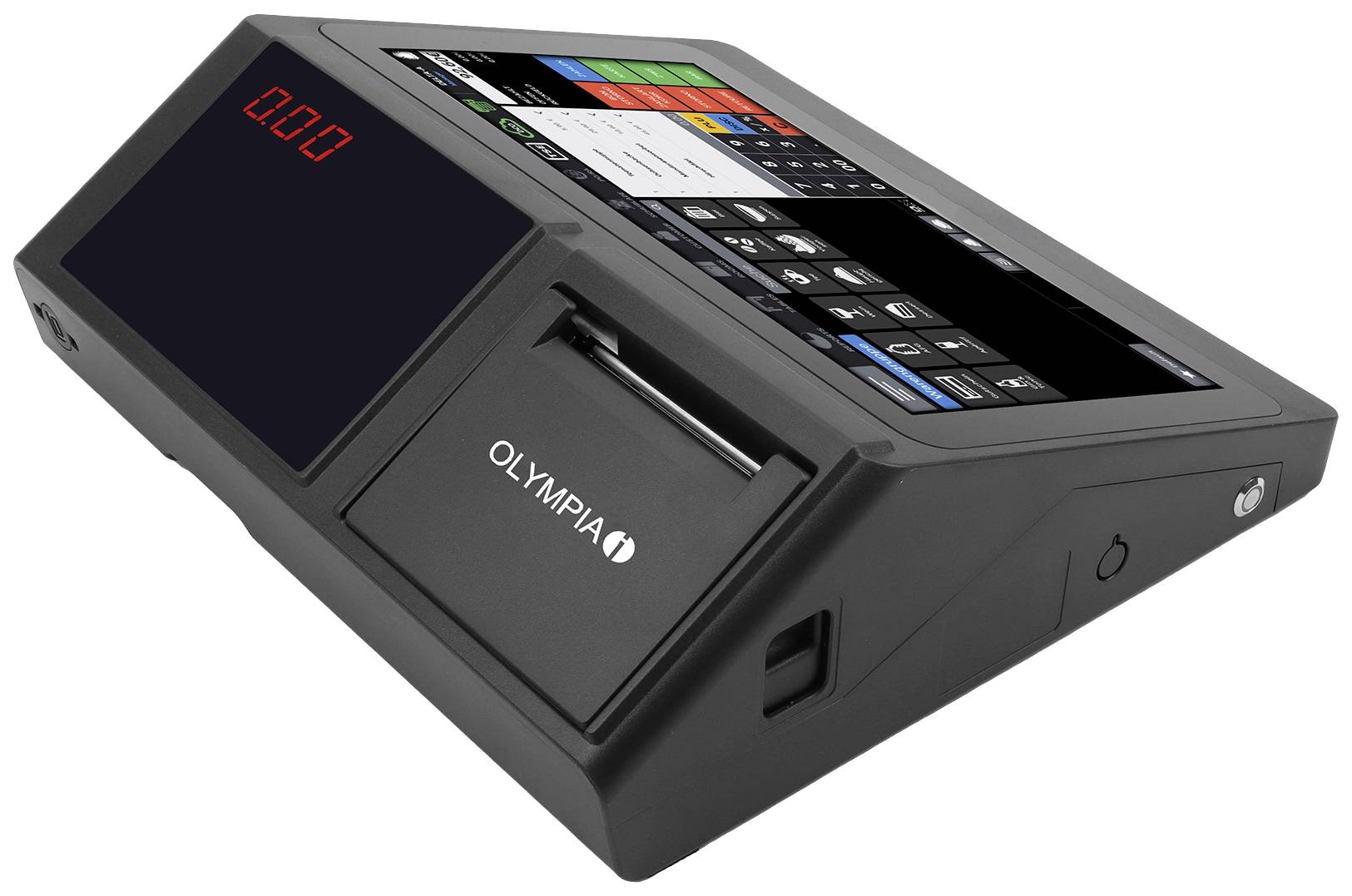 Een zwart kassaterminal met touchscreen, merknaam 'Olympia' zichtbaar. Scherm toont verschillende gekleurde symbolen en cijfers.