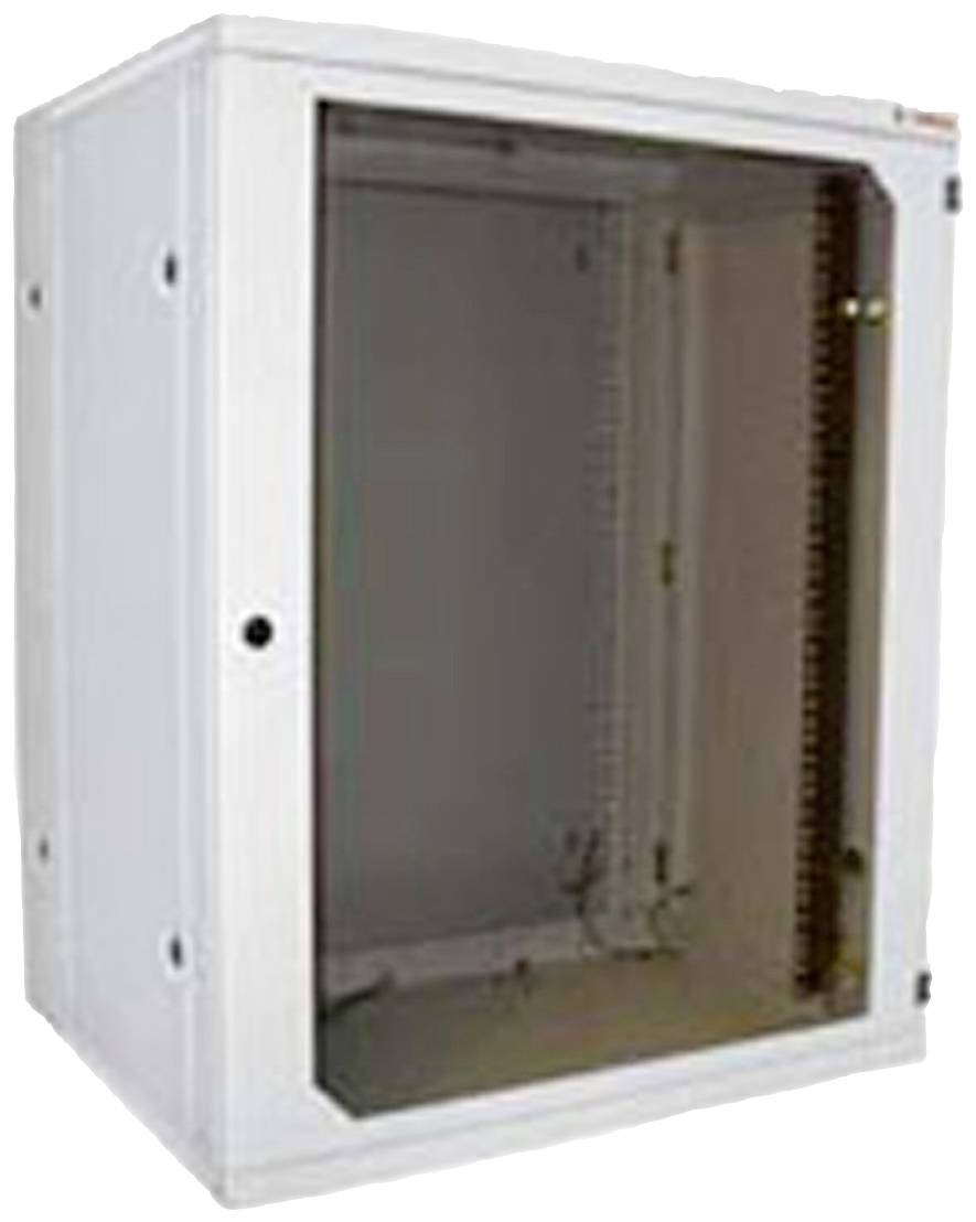 Metalen netwerkrack in beige, open aan de voorkant. Geschikt voor het plaatsen van servers of netwerkapparatuur.