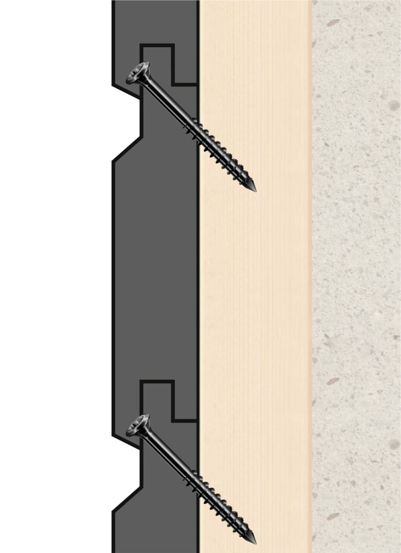 'Weergave van een doorsnede van een muur, bestaande uit een houten paneel, bevestigd met twee schroeven aan een betonbalk.'