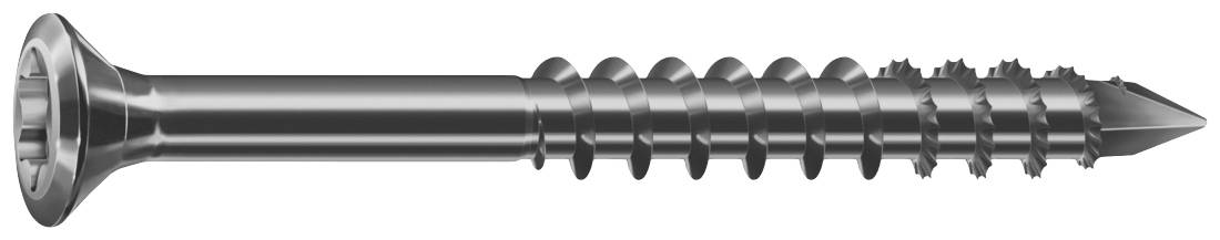Een close-up van een metalen schroef met een verzonken kop, schroefdraad en een puntige punt, geschikt voor hout- en metaalverbindingen.
