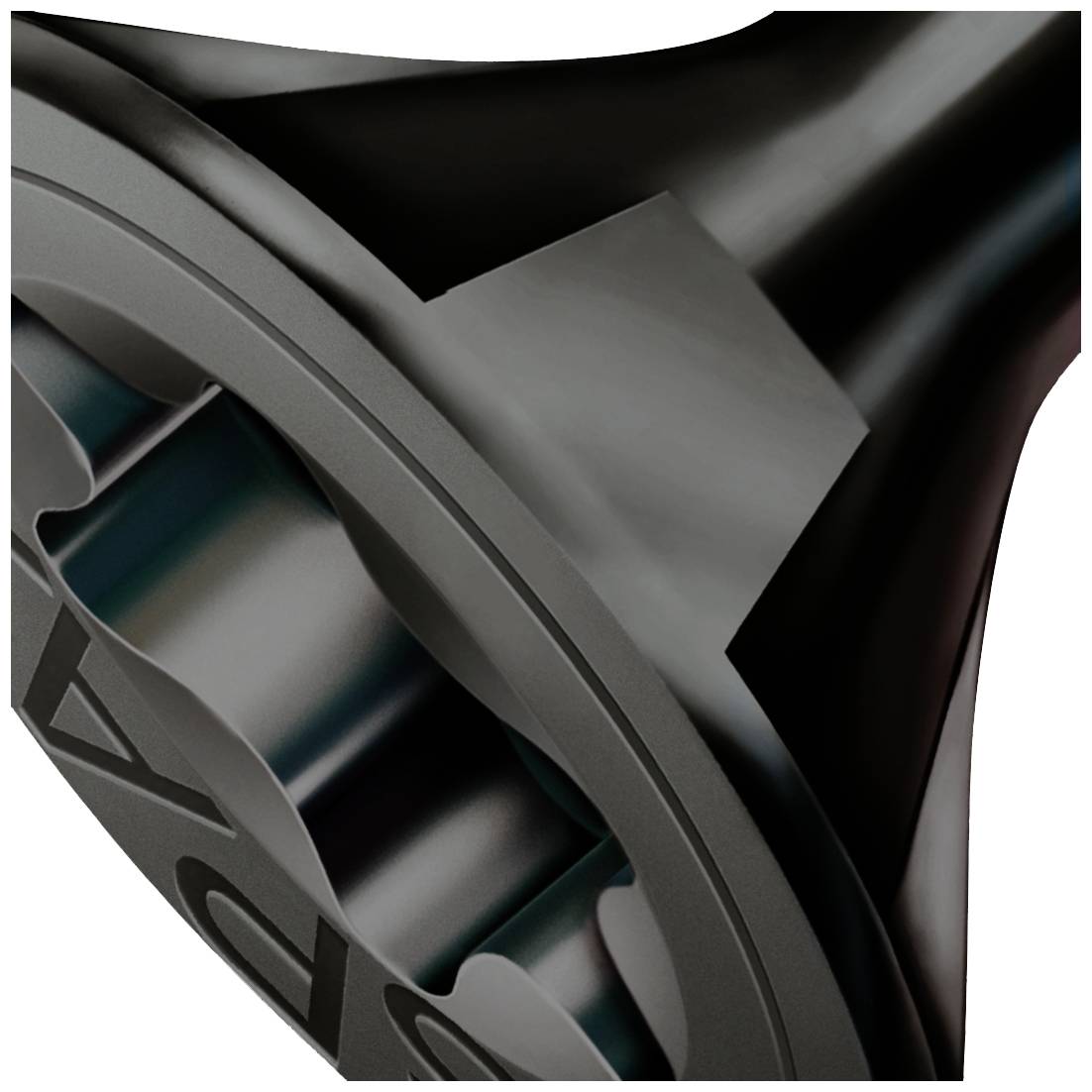 Een grijs, abstract 3D-object met ronde en hoekige vormen.