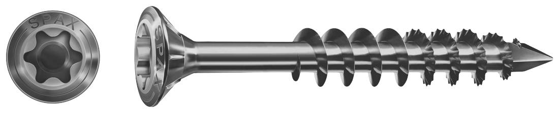 Een zwarte schroef met Torx-aandrijving. Toont het vooraanzicht van de kop en een zijaanzicht van de volledige schacht.