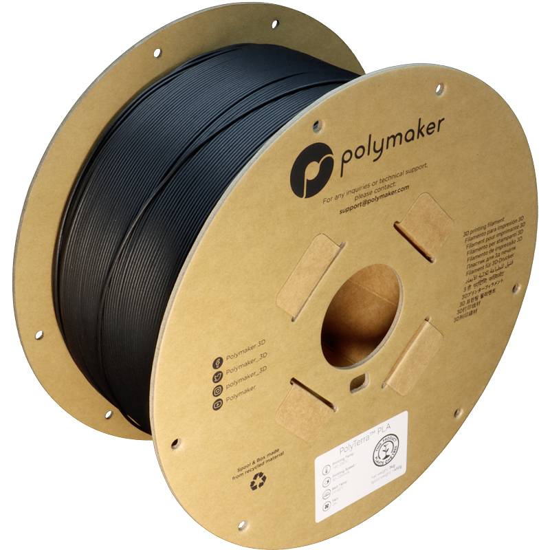 Een grote spoel met zwart 3D-printer filament, gemerkt met 'Polymaker PolyTerra PLA'.