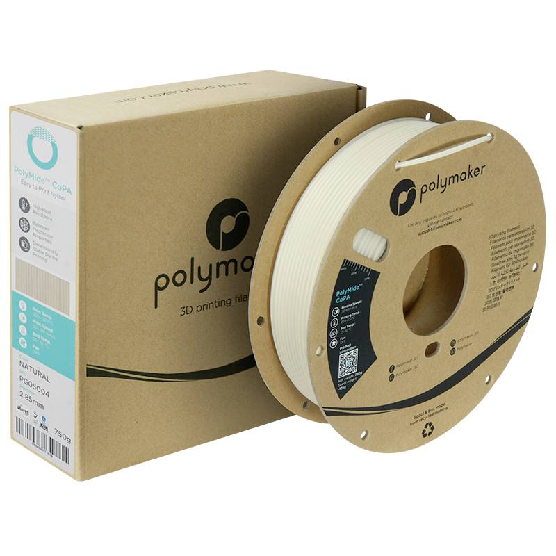 Een bruine kartonnen verpakking en een spoel licht 3D-printmateriaal van Polymaker met etiket en productinformatie.