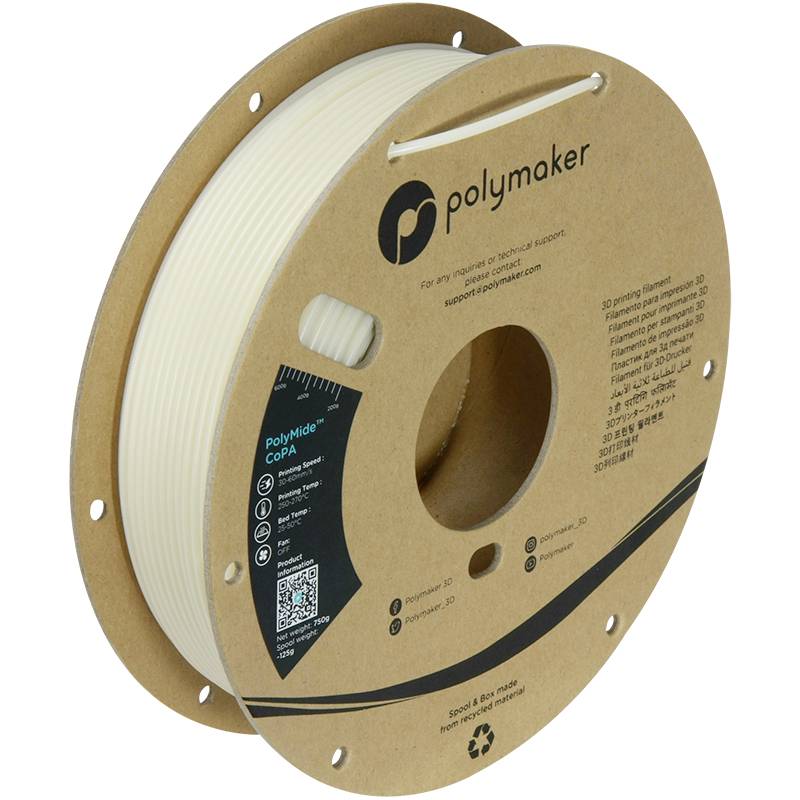 Beige 3D-printerfilamentrol met etiket 'PolyMide CoPA', kartonnen verpakking en QR-code.
