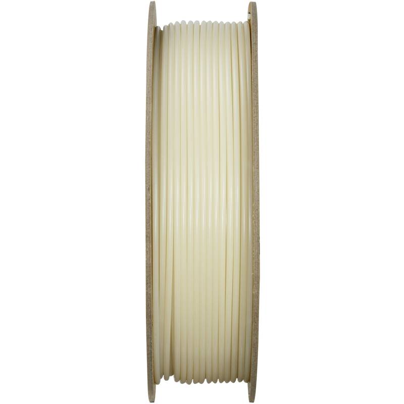 Een spoel met beige filament, gebruikt voor 3D-printers. De spoel is gemaakt van hout en bevat verschillende meters filament.