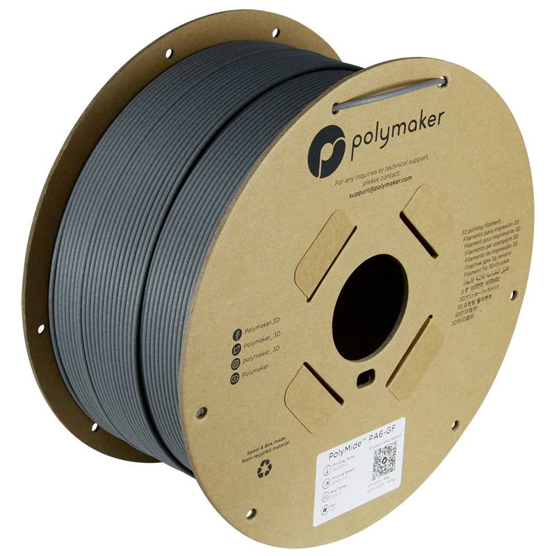 Een spoel met grijs filament van het merk Polymaker, specifiek ontworpen voor 3D-printapplicaties. De verpakking toont het bedrijfslogo en contactgegevens.