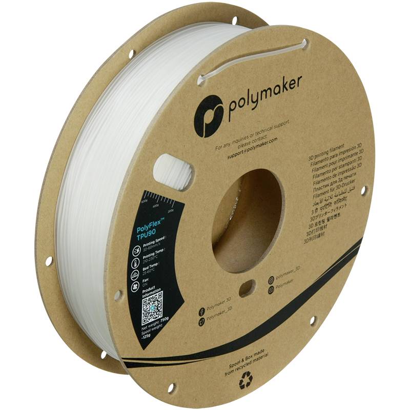 Een witte rol 3D-printerfilament van het merk Polymaker met de aanduiding 'PolyFlex TPU90'. De verpakking toont een recycling-symbool.