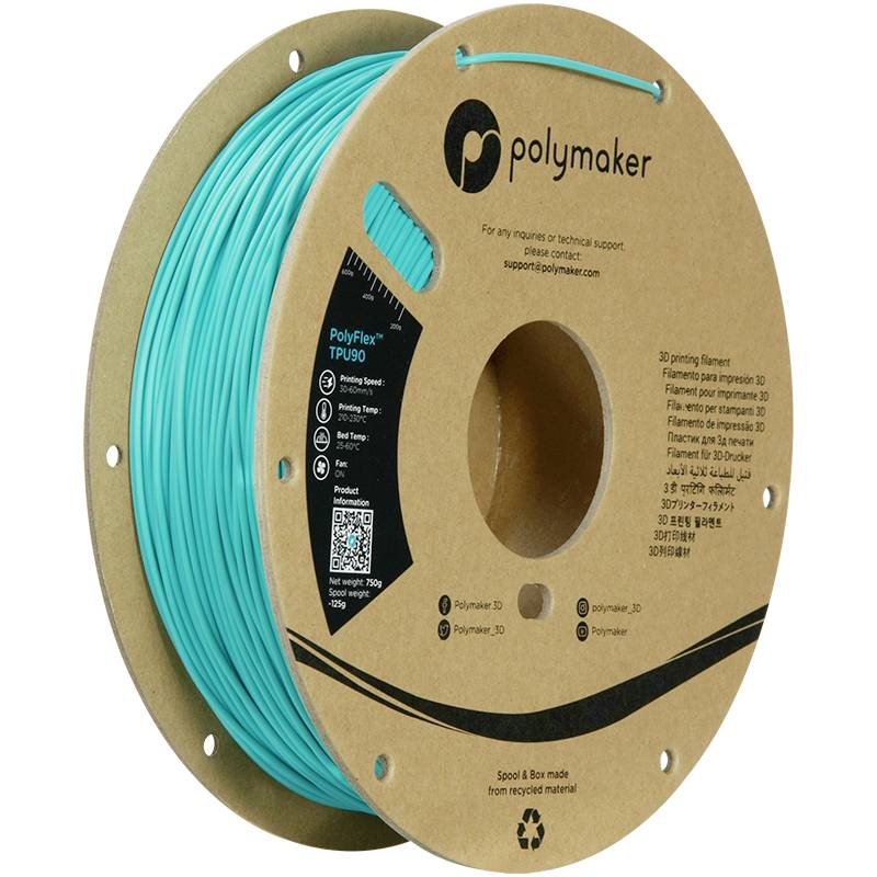 Een spoel met turkoois gekleurd PolyFlex TPU90 3D-printfilament van Polymaker.