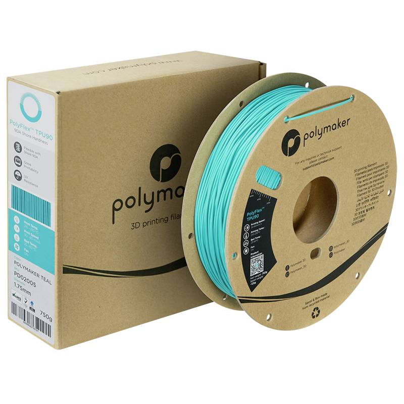 Een spoel met turquoise 3D-printer filament van Polymaker, 750 g, TPU-materiaal. Verpakking op de achtergrond.