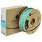 Een spoel met turquoise 3D-printer filament van Polymaker, 750 g, TPU-materiaal. Verpakking op de achtergrond.