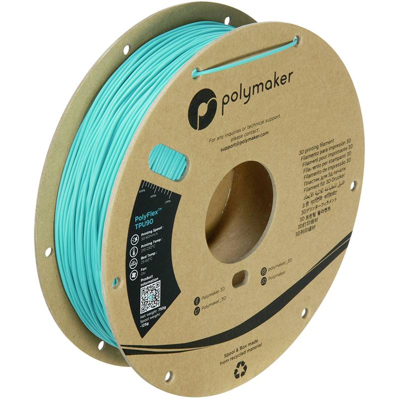 Een spoel met turquoise 3D-printerfilament van het merk Polymaker. Bevat QR-code en opschrift 'PolyFlex TPU90'.