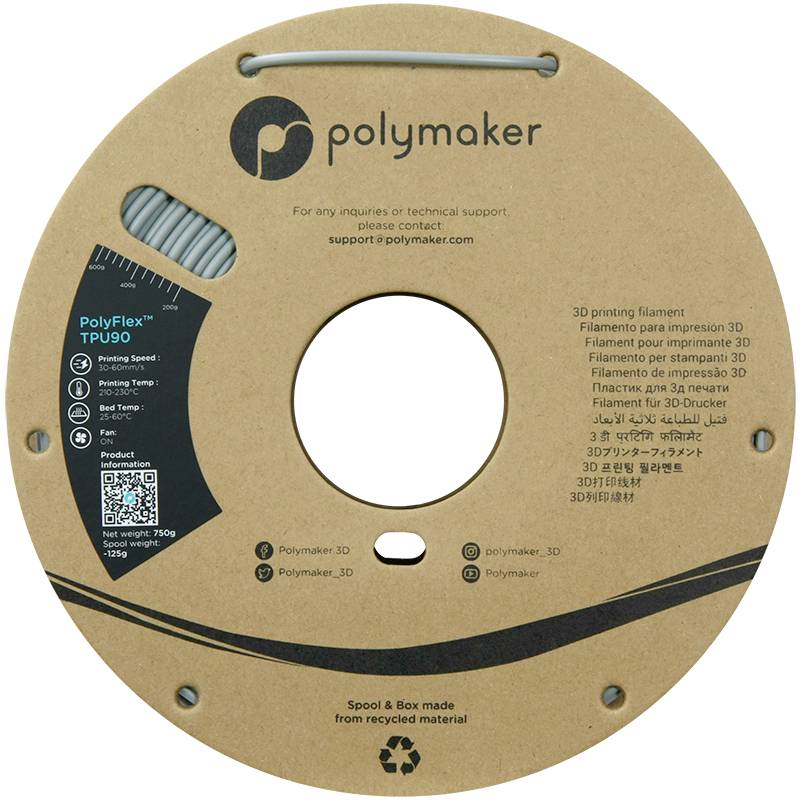 Een spoel PolyFlex TPU90 3D-printer filament van Polymaker. De verpakking is gemaakt van gerecycled materiaal.